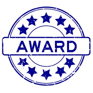 Beyaz arka planda yıldız simgesi yuvarlak lastik mühür damgalı Grunge mavisi ödül sözü