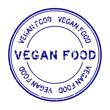 Grunge Blue vegan yemek sözcüğü beyaz arka planda lastik mühür damgası
