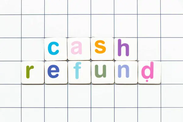 Colorful tile letter in word cash refund on white grid background