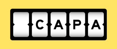 Sarı arkaplan ile slot pankartı üzerinde kelime CAPA (düzeltici eylem ve önleyici eylem kısaltması) siyah renk