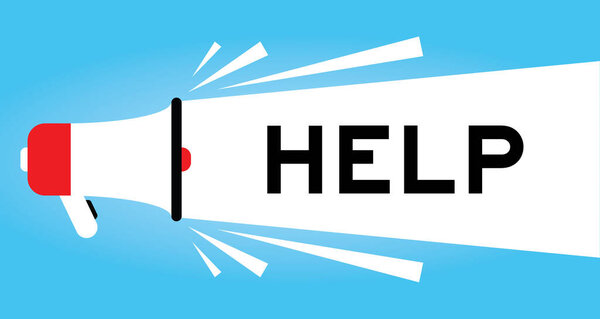 Color megaphone icon with word help in white banner on blue background