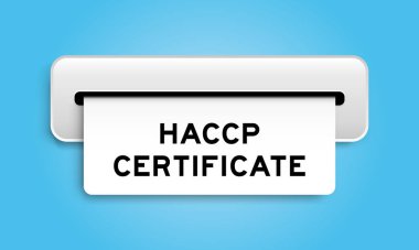 Üzerinde HACCP (Tehlike Analizi Kritik Kontrol Noktaları) yazan beyaz kupon pankartı mavi arkaplan üzerine makineden
