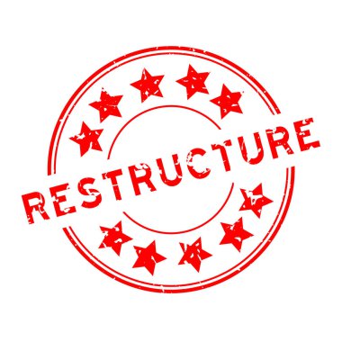 Beyaz arkaplanda yıldız simgesi yuvarlak lastik mühür damgalı Grunge kırmızı yeniden yapılandırma sözcüğü