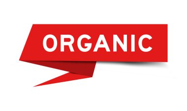 Beyaz zemin üzerinde organik sözcükler olan kırmızı renk konuşma afişi