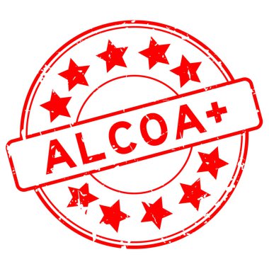 Grunge kırmızı kelime ALCOA (Öznitelikli, Legal, çağdaş, orijinal ve doğru) artı beyaz arkaplanda yıldız simgesi yuvarlak lastik mühür damgası