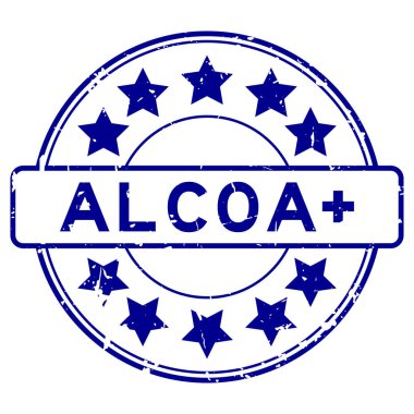 Grunge mavi sözcüğü ALCOA (Öznitelikli, Legal, çağdaş, orijinal ve doğru) artı beyaz arkaplanda yıldız simgesi yuvarlak lastik mühür damgası