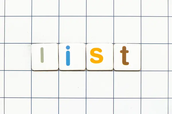 Colorful tile letter in word list on white grid background