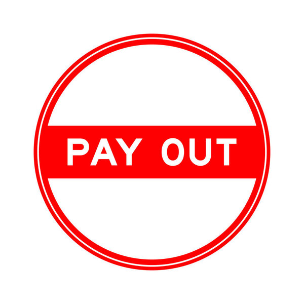 Red color round seal sticker in word pay out on white background