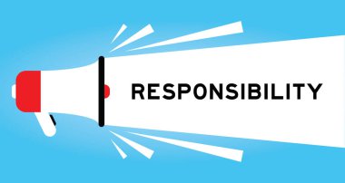 Mavi arkaplanda beyaz pankartta kelime sorumluluğu içeren renk megafonu simgesi