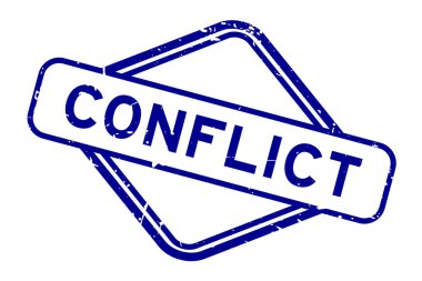 Grunge mavi çatışma kelimesi beyaz arka planda lastik mühür