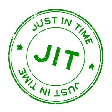 Grunge Green JIT Tam zamanında beyaz arka planda lastik mühür damgası