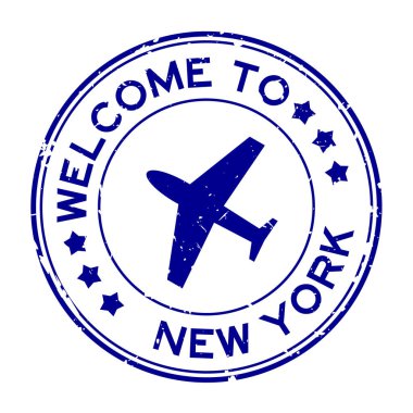Grunge Blue, New York 'a hoş geldin. Beyaz arka planda uçak simgesi yuvarlak lastik mühür damgası.