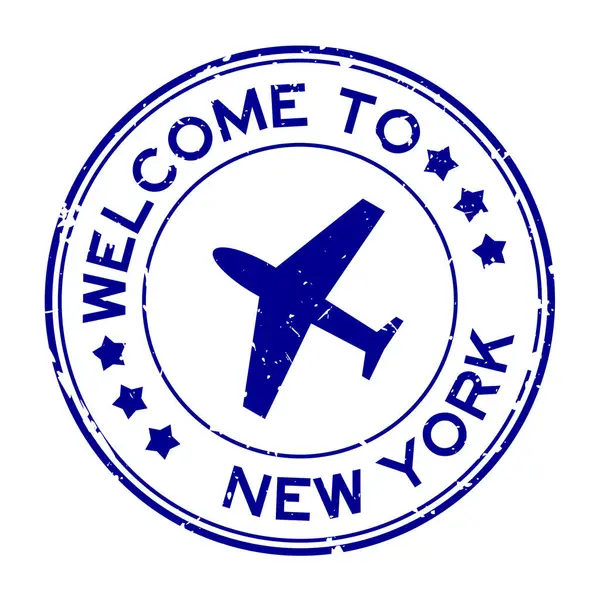 Grunge Blue, New York 'a hoş geldin. Beyaz arka planda uçak simgesi yuvarlak lastik mühür damgası.