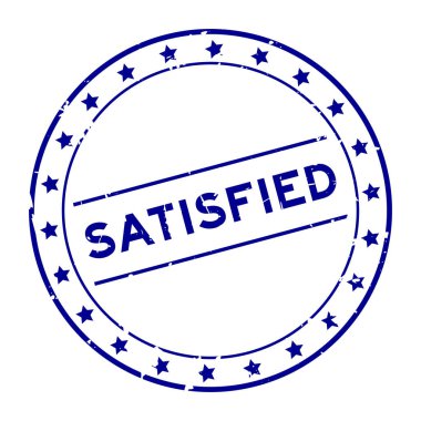 Grunge blue memnun bir kelime yuvarlak lastik mühür beyaz arka planda