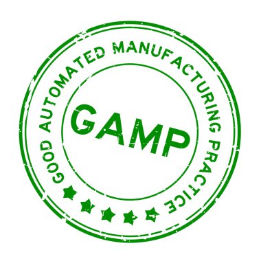 Grunge Green GAMP İyi Otomatik Üretim Sözcük yuvarlak lastik mühür beyaz arka planda