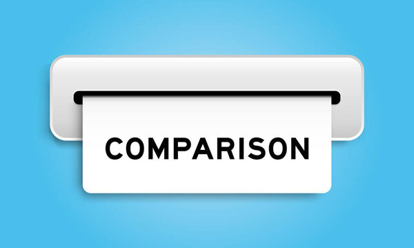 White coupon banner with word comparison from machine on blue color background