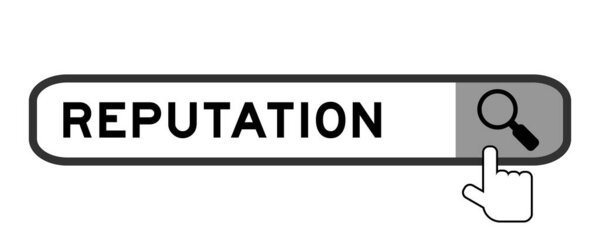 Search banner in word reputation with hand over magnifier icon on white background