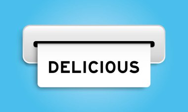 Beyaz kupon pankartı. Mavi arka plandaki makineden lezzetli bir kelime.