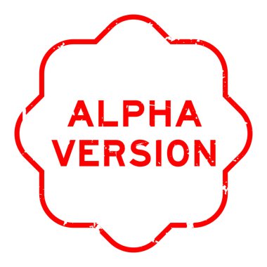 Grunge kırmızı alfa sürüm kelime beyaz arka planda lastik mühür