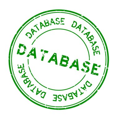 Grunge yeşil veritabanı kelime yuvarlak lastik mühür beyaz arka planda