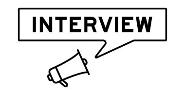 Beyaz arkaplanda kelime inerview içinde konuşma baloncuğu pankartı olan megafon simgesi