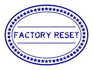 Grunge blue factory reset word oval rubber seal stamp on white background clipart