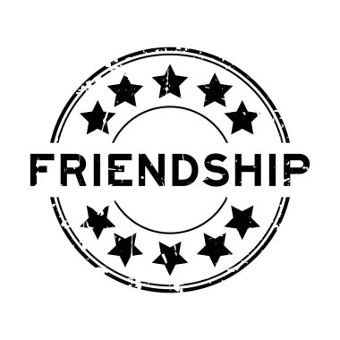 Beyaz arka planda yıldız simgesi yuvarlak lastik mühür damgalı Grunge siyah arkadaşlık kelimesi