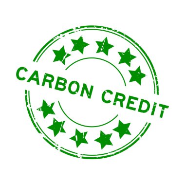 Grunge yeşil karbon kelime yıldız simgesi yuvarlak lastik mühür beyaz arka planda