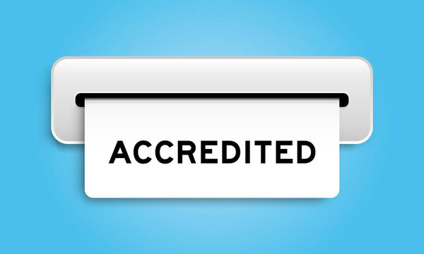 White coupon banner with word accredited from machine on blue color background
