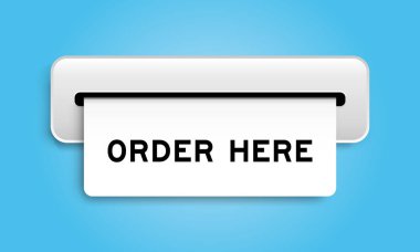 Mavi arkaplandaki makineden gelen kelime sıralı beyaz kupon pankartı