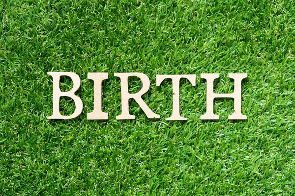 stock image Wood alphabet letter in word birth on artificial green grass background