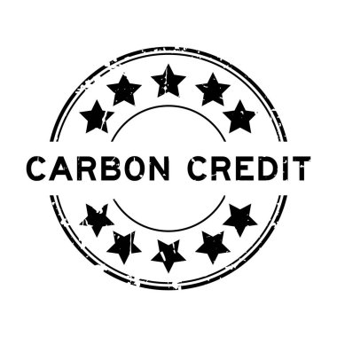 Beyaz arka planda yıldız simgesi yuvarlak lastik mühür damgalı Grunge siyah karbon kredi sözcüğü