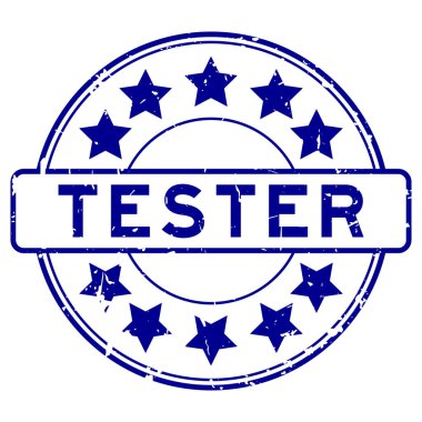 Beyaz arka planda yıldız simgesi yuvarlak lastik mühür damgalı Grunge mavisi test sözcüğü