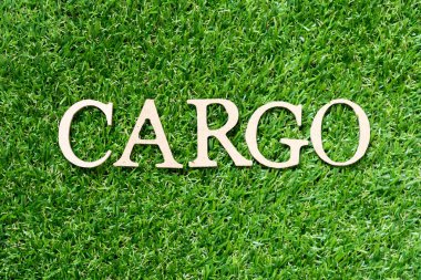 Yapay yeşil çimen arka planında kelime kargosunda tahta alfabe harfi