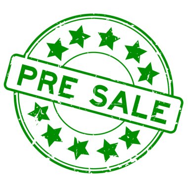 Beyaz arka plan üzerinde yıldız simgesi yuvarlak kauçuk mühür damgası ile Grunge mavi ön satış kelime