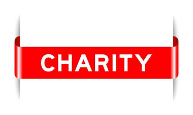 Beyaz arkaplanda hayırseverlik sözcüğü olan kırmızı renk iliştirilmiş etiket pankartı