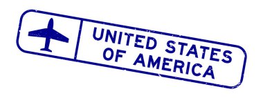 Grunge blue United States of America word with plane icon square rubber seal on white background