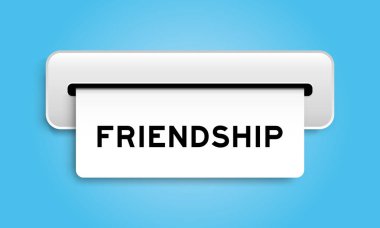 Mavi arka plandaki makineden kelime dostluğu içeren beyaz kupon pankartı