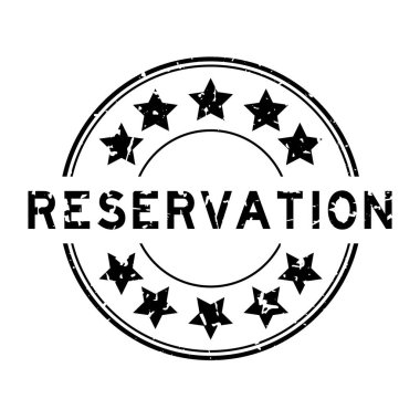 Beyaz arka planda yıldız simgesi yuvarlak lastik mühür damgalı Grunge siyah rezervasyon kelimesi