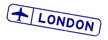 Beyaz arka planda uçak simgesi kare kauçuk mühür damgalı Grunge mavi Londra kelimesi