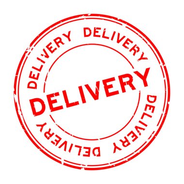 Grunge kırmızı teslimat kelimesi beyaz arka planda lastik mühür damgası