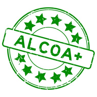 Grunge yeşil kelime ALCOA (Öznitelikli, Legal, çağdaş, orijinal ve doğru) artı beyaz arkaplanda yıldız simgesi yuvarlak lastik mühür damgası