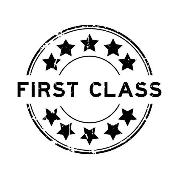 Grunge black first class word with star icon round rubber seal stamp on white background