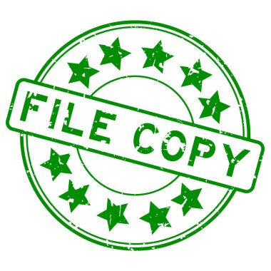 Grunge yeşil dosya kopyalama sözcüğü beyaz arkaplanda yıldız simgesi yuvarlak lastik mühür ile