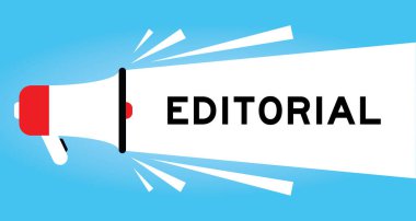 Mavi arkaplanda beyaz afiş ile kelime editoryel renk megafon simgesi
