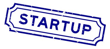 Grunge Blue başlangıç kelimesi beyaz arkaplanda lastik mühür