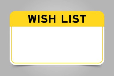 Kelime istek listesi ve beyaz kopya alanı içeren sarı başlıklı etiket pankartı, gri arkaplanda