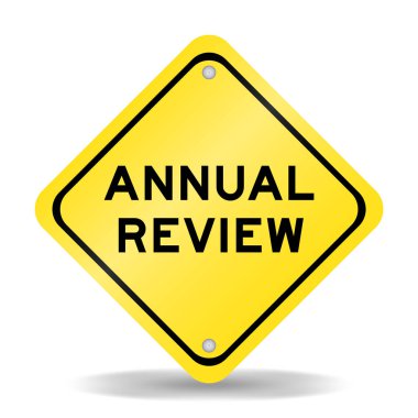 Beyaz arkaplan üzerinde kelime yıllık gözden geçirme ile sarı renk taşıma işareti