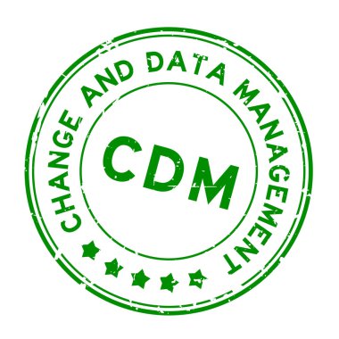 Grunge green CDM change and data management word round rubber seal stamp on white background clipart