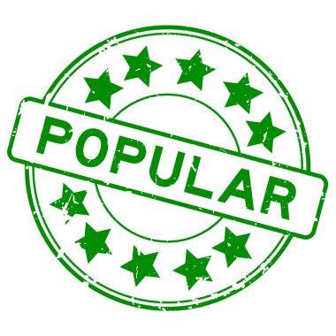 Beyaz arka planda yıldız simgesi yuvarlak lastik mühür damgalı Grunge yeşili popüler kelime